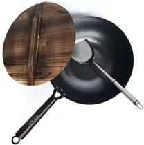 Wok Souped Up Recipes em aço carbono para fogões elétricos, de indução e a gás com tampa, espátula e guia do usuário