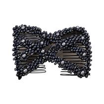 Womens Handmade Twist Rhombus Beaded Magic Hair Side Combs Jewely Stretchable Styling Double Clips Hairpins Ponytail Bun Maker - Preto