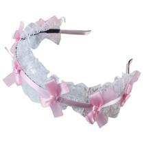 Womens Mesh Hair Ornaments Lace Pleated Edge Hair Hoop Ribbon Bow Cosplay Props - Pink