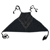 Womens Summer Hollow Out Crochet Crop Top Halter Neck Boho Ethnic Bikini Bra Solid Color Curativo Backless Sleeveless Knitted Cover Up Beachwear - Preto