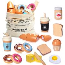 Wooden Bakery Playset Food Toys, Kids Pretend Play Food Baking Set, acessórios de cozinha com bolsa de armazenamento, Pretend Play, corte pão, comida para meninos e meninas a partir de 3 anos