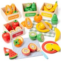 Wooden Play Food Set Busy Edition com tiras autocolantes para crianças de 3 a 5 anos