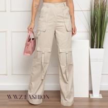 WWZ Fashion Calça Cargo Wide Leg Feminina Sarja Modelo Flare Pantalona 113
