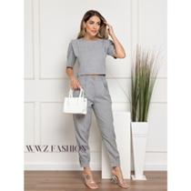 WWZ FASHION Conjunto Calça E Cropped Linho 8420