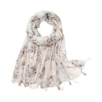 Xale Feminino De Algodão E Viscose 180x90cm Com Borlas, Estampa Floral, Moda Praia, Proteção Solar,