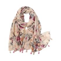 Xale Feminino De Algodão E Viscose 180x90cm Com Borlas, Estampa Floral, Moda Praia, Proteção Solar,