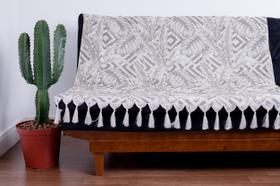 Xale Manta Sofá Jacquard Franja 1,80 x 1,40 m - Cinza e branco - Geométrica com folhas - Lug Louças