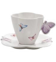 Xicara Avulsa 200ml Para Chá Borboletas De Porcelana Com Pires