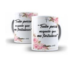 Xícara Branca Porcelana Decorada Mensagem Bíblica Filipenses 4:13 - 325 ml + Caixinha