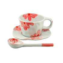Xícara c/Pires e Colher Cerâmica Hand Painted Flowers Rosa 300ml Xícara c/Pires e Colher Cerâmica Hand Painted Flowers Rosa 300ml