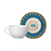 Xícara Chá Branca Cerâmica c/ Pires Olho Grego Plus Alleanza Xícara Chá Branca Cerâmica c/ Pires Olho Grego Plus Alleanza