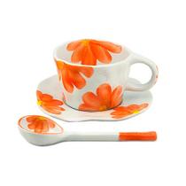 Xícara com Pires em Cerâmica Hand Painted Flowers Laranja 300ml