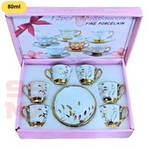 Xícara de Café 80ml com Flores e Dourado Conjunto Elegante com Pires
