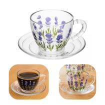 Xicara de Café 80ml com Pires em Cristal Linha Lavanda Hand Painting Lyor Mesa Posta Premium