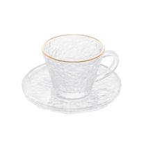 Xícara de Café com Pires Vidro Martelado com Borda Dourada - Lyor - Modelo Petra, 70ml Xícara de Café com Pires Vidro Martelado com Borda Dourada - Lyor - Modelo Petra, 70ml