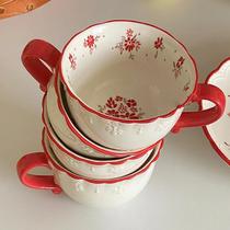 Xícara de café de cerâmica com renda em relevo floral vermelho vintage - others