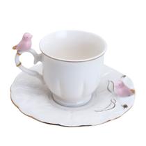 Xícara de Café Porcelana Rosa e Branca Birds Pássaro com Pires 100ml Wolff