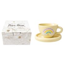 Xícara de Cerâmica C/Pires 250 ml Arco Iris Lilás Amarela Café Chá Leite Presente Elegante Delicada Resistente Design Exclusivo -