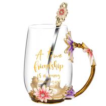 Xícara de chá de vidro OEAGO Friendship com desenho de flores e colher