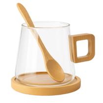 Xícara de Vidro com Alça de Bambu Pires e Mini Colher 300ml Xícara de Vidro com Alça de Bambu Pires e Mini Colher 300ml
