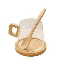 Xícara de Vidro com Pires de Bambu e Mini Colher 300ml