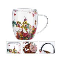 Xícara de Vidro Duplo com Flores Naturais Preservadas Capacidade para 350ml Isolamento Térmico Bebidas Quentes ou Frias