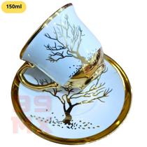 Xícara e Pires 150ml de Porcelana com Arte Dourada Estilo Clássico e Sofisticado