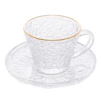 Xícara Em Vidro Martelado Para Chá Café Borda Dourada 180ml