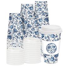 Xícaras de café Jarthena AMCS Blue Floral 16 onças com tampas e mangas x 50