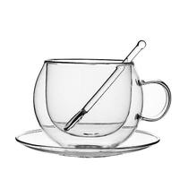 Xícaras de chá de café com alto teor de borosilicato resistente ao calor de vidro de camada dupla com conjunto de colher de prato - HUOGUO