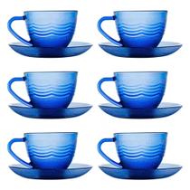 Xícaras de Chá de Vidro Azul 245 ml Conj. c/ 12 Peças - 6 Xícaras c/ 6 Pires - Fratelli