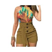 Y2K Solid Button Front Shorts Tie Cintura Praia Verão Shorts de cintura alta Roupas femininas
