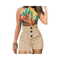 Y2K Solid Button Front Shorts Tie Cintura Praia Verão Shorts de cintura alta Roupas femininas