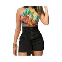 Y2K Solid Button Front Shorts Tie Cintura Praia Verão Shorts de cintura alta Roupas femininas