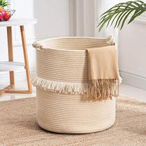 YOUDENOVA Grande Cesta de Armazenamento de Corda Tecida Grande, Cesto de Bebê para Brinquedo &Roupas, Cesta de Cobertor Decorativo Bege com Alças de Nó Bonito & Tassel, Cesto de Lavanderia Boho para Sala de Estar, 15,7 polegadasx16,9 polegadas