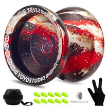 YOYOSTUDIO X0312 Fingerspin Trick Yoyo Professional Responsive Yoyo para crianças de 8 a 12 anos, Yo yo yo que não responde para crianças e adultos, kit de metal com kit de rolamentos, 10 cordas de ioiô, estojo e luva preto, vermelho, prata