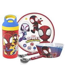 Zak Designs Marvel Spider-Man 5 Piece Set inclui prato, tigela, garrafa de água e utensílios de mesa, Spiderman Spidey e seus incríveis amigos Dinnerware Drinkware 5pc
