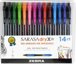 Zebra Pen Sarasa Dry X20 Caneta de Gel Retrátil, Ponto Médio, 0.7mm, Tinta de Cor de Moda Sortida, 14-Pack