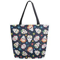 ZzWwR Chic Mexican Sugar Skulls Day of the Dead Floral Pattern Large Canvas Gym Beach Travel Reusable Grocery Shopping Tote Bag