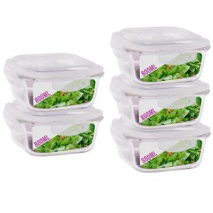 5 Potes Hermetico 800ml Quadrado Vidro Microondas Grande