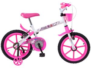 Bicicleta Infantil Aro 16 Track Bikes PINKY WR Branca e Rosa com Rodinhas e Cesta Freio V-Brake