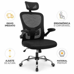 Cadeira Escritório Ergonômica Presidente Executiva Escritório com Apoio de Lombar Cabeça Ajustável Regulável Preto Mesh