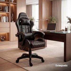 Cadeira Gamer Escritório BM4 Reclinável 150 Ergonômica Giratória Couro PU Belmóveis com Almofadas