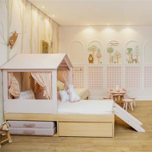 Cama Infantil com Casinha e Escorregador Play  Rosa com Carvalho Malva