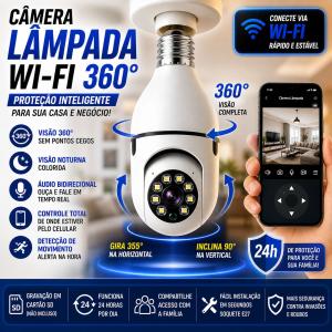 Câmera Lampada Espia WiFi 360 Visão Noturna Giratoria Audio Biredicional Segurança Externa Interna