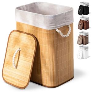Cesto de roupa suja de bambu com tampa e alças 50 litros organizador lavanderia brinquedos