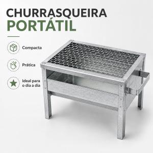 Churrasqueira/Grill Galvanizada C/ Grelha Portátil Aço Anti Corte