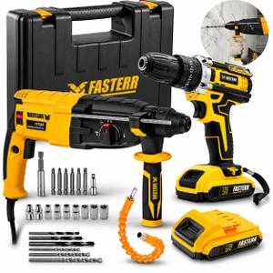 Combo Martelete Perfurador Rompedor 820W e Parafusadeira Furadeira De Impacto Profissional 21v com Maleta e Acessórios Fasterr