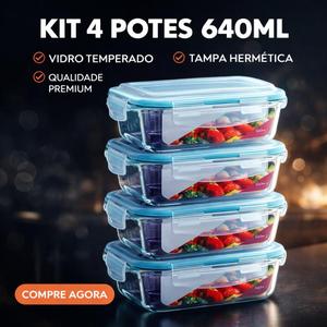 Conjunto 4 Pote Vidro Hermético Marmita Tampa Plástico 640ml