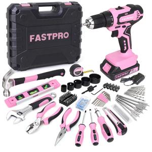 Conjunto de ferramentas FASTPRO, 177 peças, 20V, furadeira sem fio, rosa